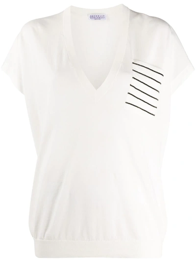 Brunello Cucinelli Striped Pocket Cotton T-shirt In White