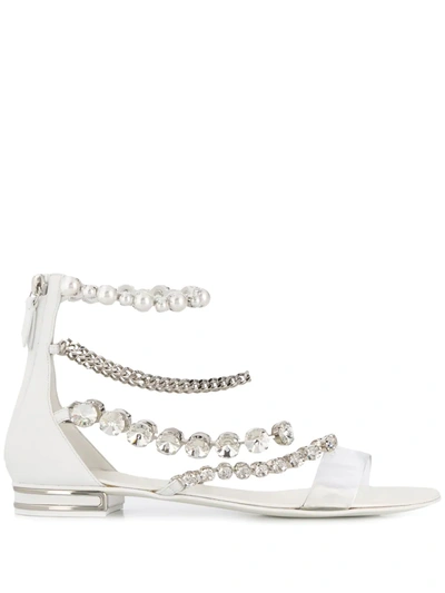 Casadei Embellished Strap Low Heel Sandals In White