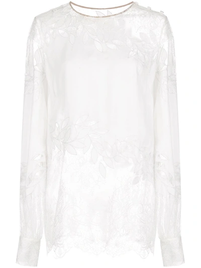 Oscar De La Renta Shoulder Buttons Lace Blouse In White