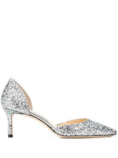 Jimmy Choo Esther 60 Sky Mix Coarse Glitter Fabric Pointed Pumps In Silver