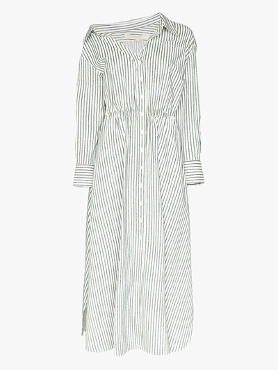 By Any Other Name Velvet Stripe Long Sleeve Maxi Shirtdress In Green
