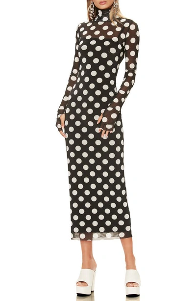 Afrm Shailene Long Sleeve Print Mesh Dress In Noir Blanc Polka Dot |  ModeSens