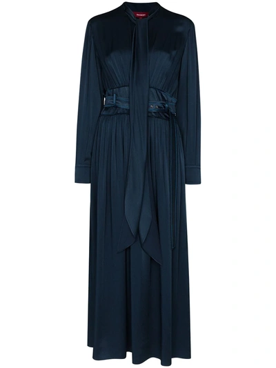 Sies Marjan Belted Crepe Back Satin Long Sleeve Midi Dress In Blue