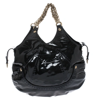 Pre-owned Versace Black Stitches Patent Leather Chain Shoulder Bag
