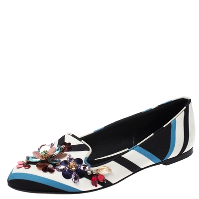 Pre-owned Dolce & Gabbana Multicolor Chevron Printed Fabric Crystal Embellished Pointed Toe Ballet Flats Size 36.5