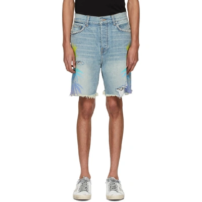 Amiri Indigo & Multicolor Denim Leaves Shorts In Indigo/multicolor