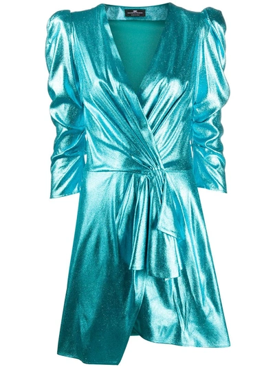 Elisabetta Franchi Short Dress In Pool Color With Balloon Sleeves In Blue