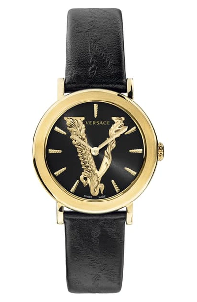 Versace Virtus Leather Strap Watch, 36mm In Black/ Champagne Gold