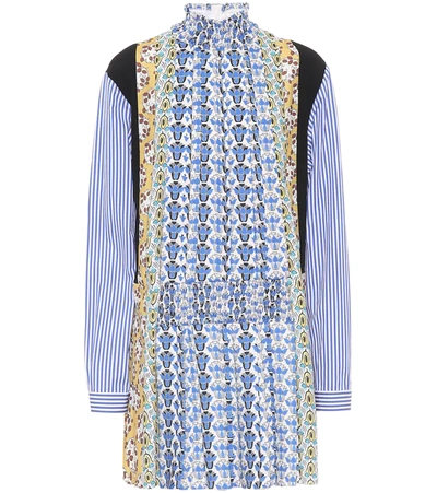 Prada Smocked High-neck Floral-print Panelled Mini Dress In Blue