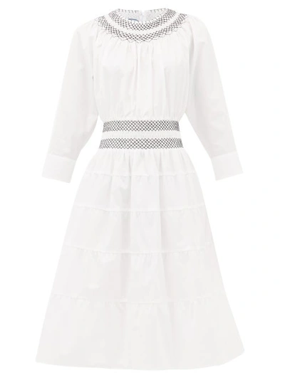 Prada Women's Smocked Cotton Poplin Midi Dress In White