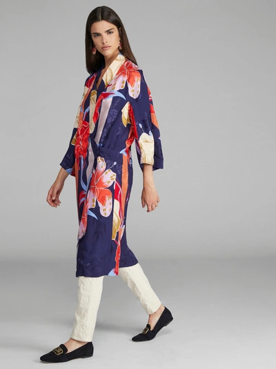 Etro Floral Print Jacquard Duster Coat In Navy Blue