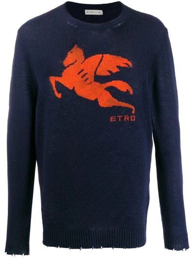 Etro Crewneck Sweater With Pegaso Logo In Blue,orange