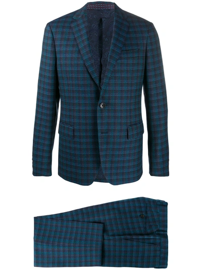Etro Check Wool Suit With Double Lining In Navy Blue