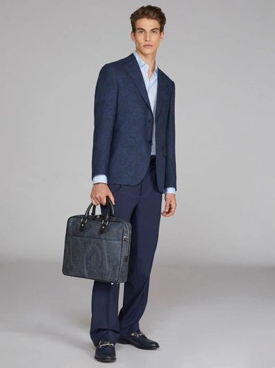Etro Paisley Briefcase With Crossbody Strap In Navy Blue