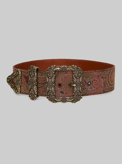 Etro Jacquard Belt With Jeweled Buckle In Brown