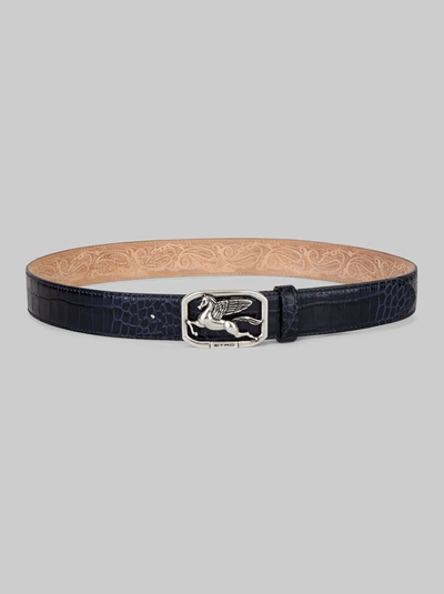 Etro Leather Belt With Pegaso Buckle In Navy Blue