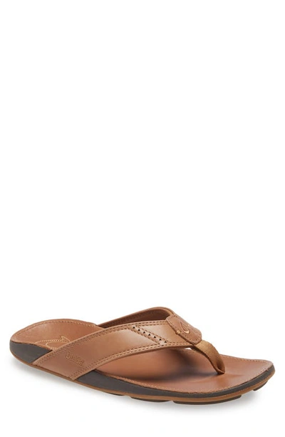 Olukai 'nui' Leather Flip Flop In Sand/ Sand