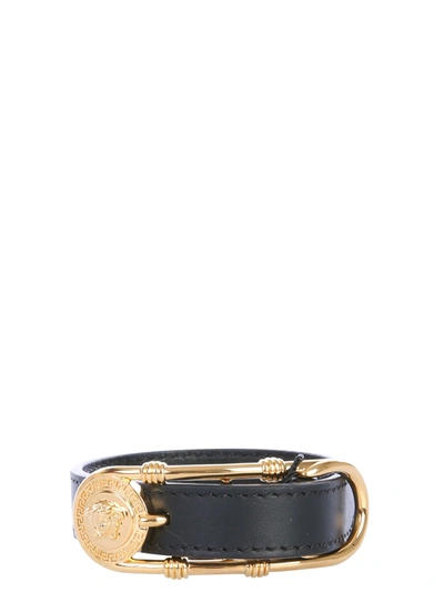 Versace Safety Pin Medusa Leather Bracelet In Black