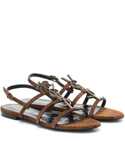 Saint Laurent Cassandra Ysl-logo Embellished Suede Sandals In Brown