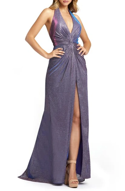 Mac Duggal Sparkle Metallic Halter A-line Dress With Train In Lavender Twinkle