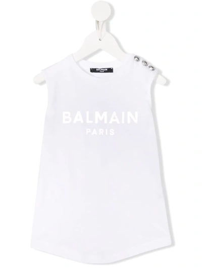 Balmain Kids' White Tank Top For Girl With Silver Logo