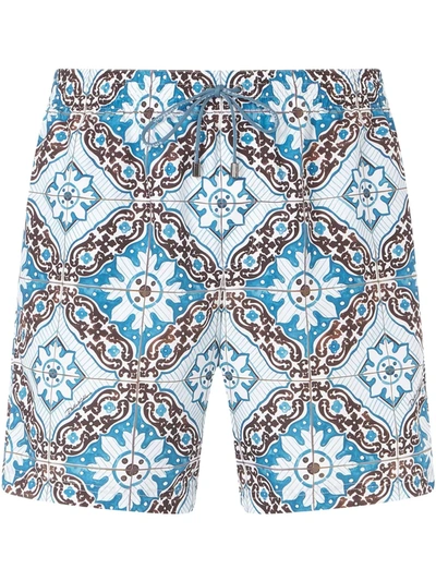 Dolce & Gabbana Medium Swimming Trunks With Maiolica Print On A Sky Blue Background