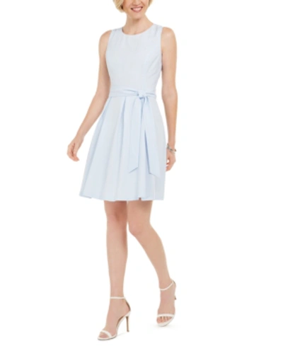 Pappagallo Sleeveless Belted Seersucker Dress In Blue White