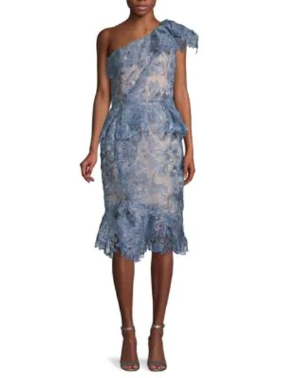 Marchesa One-shoulder Lace Dress In Periwinkle