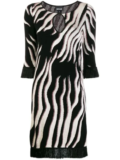 Just Cavalli Fringe-trimmed Cutout Metallic Zebra-jacquard Mini Dress In Black