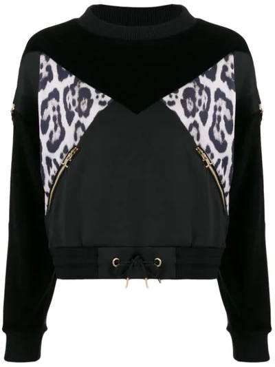 Just Cavalli Strap-detailed Paneled Velvet And Leopard-print Jersey Sweatshirt In Black
