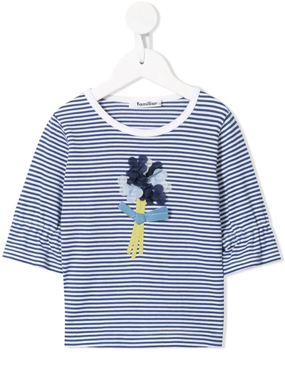 Familiar Kids' Flower Appliqué Striped T-shirt In Blue