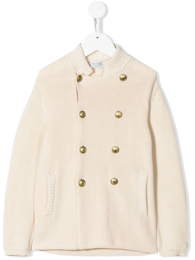 Brunello Cucinelli Kids' Double-breasted Knitted Jacket In Avorio
