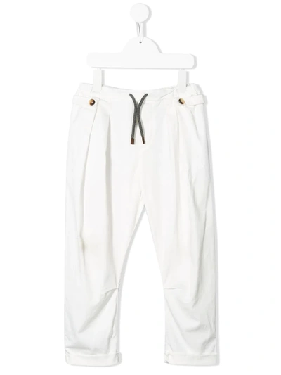 Brunello Cucinelli Kids' White Cotton Blend Trousers In Bianco