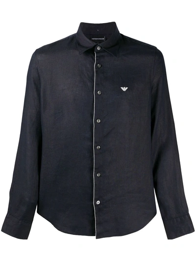 Emporio Armani Long Sleeved Linen Shirt In Blue