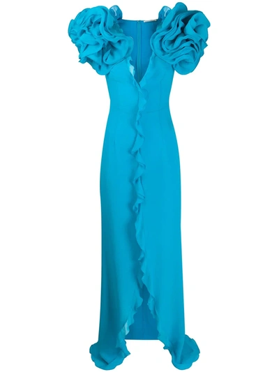 Alessandra Rich Georgette Ruffle Sleeves Long Dress In Turquoise