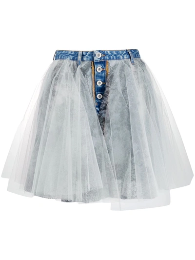 Ben Taverniti Unravel Project Tulle Overlay Denim Skirt In Blue