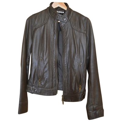Pre-owned Dkny Leather Jacket In Khaki