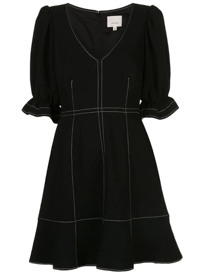 Cinq À Sept Riley Puff-sleeve Topstitch Mini Dress In Black Ivory