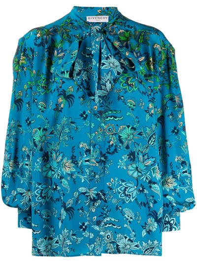 Givenchy Floral Puff-sleeve Silk Blouse In Blu