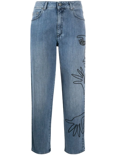 Moschino Cropped Embroidered High-rise Straight-leg Jeans In Blue