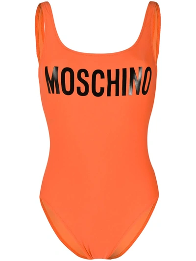 Moschino Low Back Logo Swimsuit In Orange