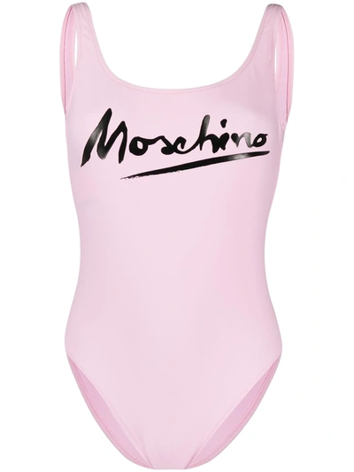 Moschino Low Back Logo Swimsuit In Pink