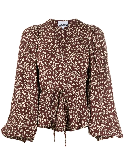 Ganni Floral Print Wrap Blouse In Brown