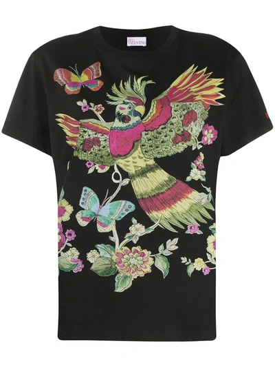 Red Valentino T-shirt With Flowers And Parrot Print In Black