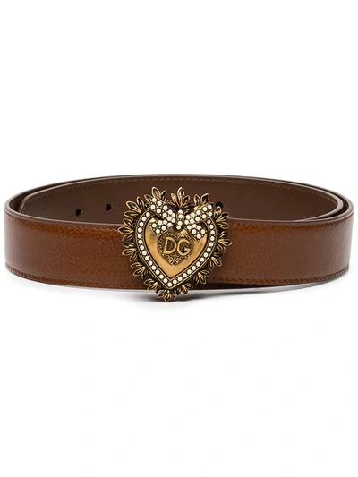 Dolce & Gabbana Devotion Pearl-embellished Leather Belt In Brown