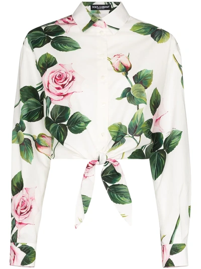 Dolce & Gabbana Rose Print Tie Waist Shirt In White
