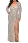 La Femme Plus Size Sequin V-neck Long-sleeve Gown With Slit In Grey
