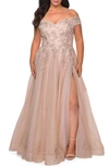 La Femme Plus Size Off-the-shoulder Lace-bodice A-line Gown In Champagne