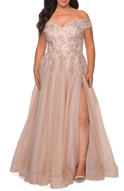 La Femme Plus Size Off-the-shoulder Lace-bodice A-line Gown In Champagne