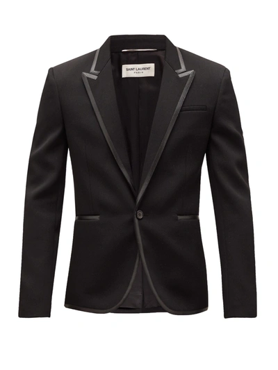 Saint Laurent Leather-trimmed Single-breasted Wool Blazer In Black